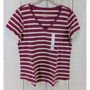 Sonoma Size Large Maroon‎ White Stripe V Neck Short Sleeve Top NWT